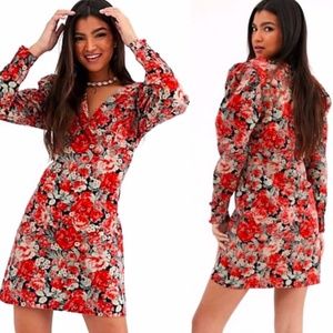 NWT FREE PEOPLE Kapowski Floral Puff-sleeve Mini Dress